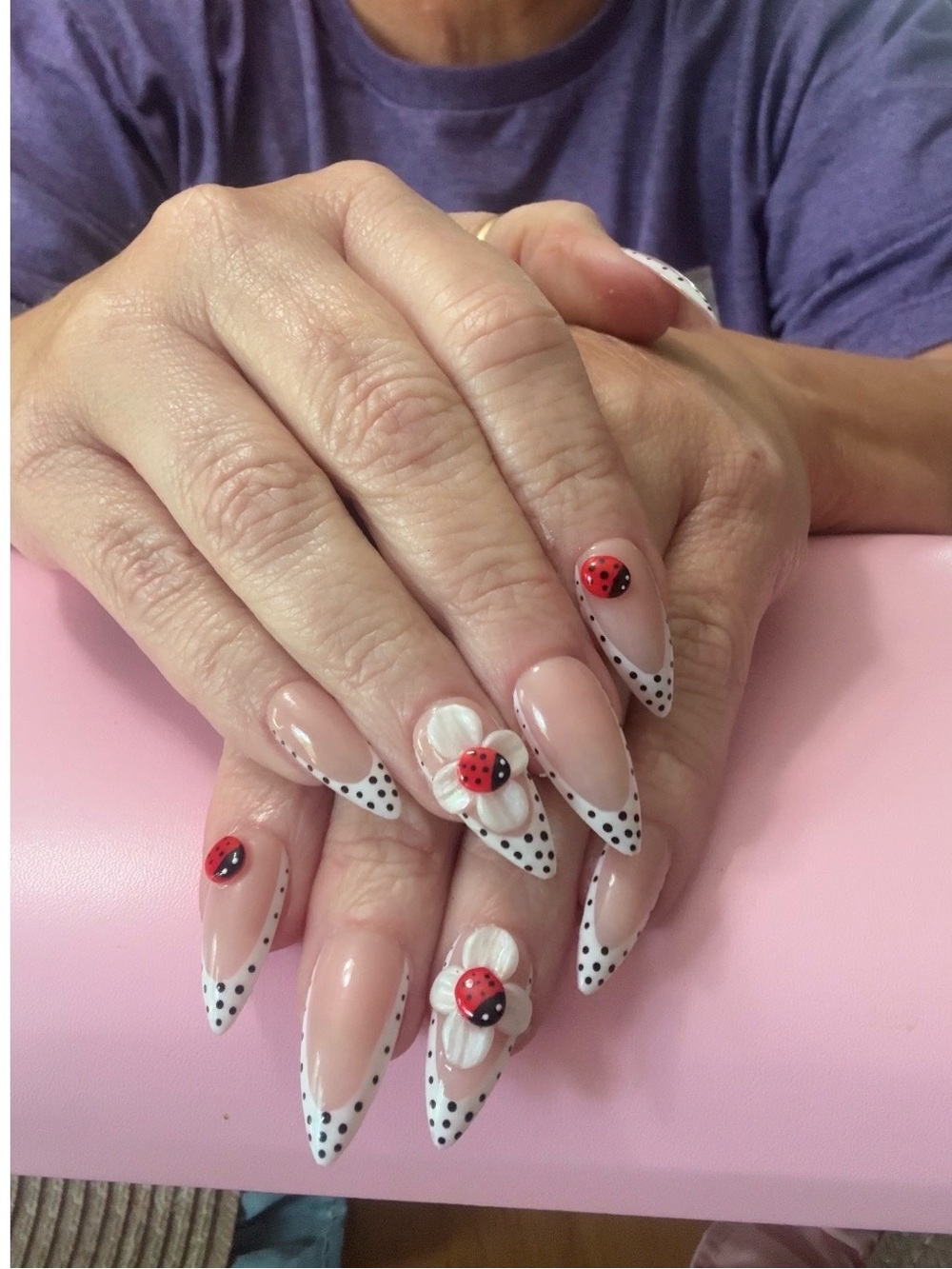 Polka Dot French Tip Nails with 3D Ladybug Accents